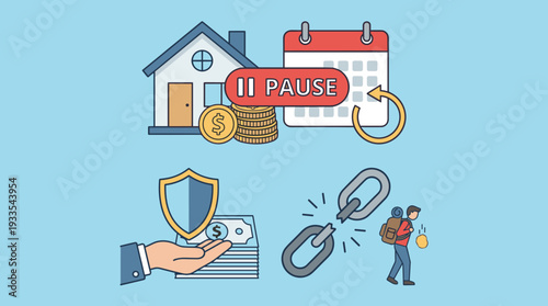 Home Loan Repayment Moratorium Concept Illustration with Pause Button, House, Calendar, and Money. Financial Relief Measures, Mortgage Payment Deferral, Debt Protection, and Economic Support.