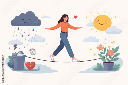 Woman Walking on Tightrope from Sadness to Happiness, Metaphor for Emotional Balance and Mental Health, Transition from Negative to Positive Feelings with Sun, Rain, Flowers, and Broken Heart