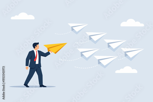 Businessman Leading a Team with a Yellow Paper Plane Followed by White Planes, Symbolizing Leadership, Teamwork, Courage, Vision, Business Strategy, Innovation, and Starting a Successful Project.