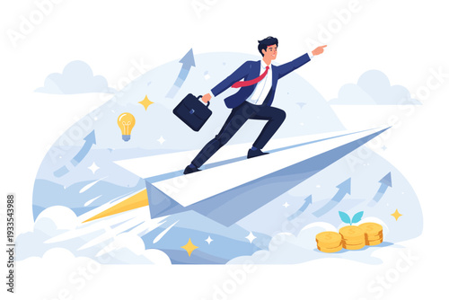 Successful Businessman in Suit Flying on Large Paper Plane Towards Growth and Career Progress, Startup Launch Concept with Idea Lightbulb, Money Coins, and Upward Arrows, Flat Vector Illustration