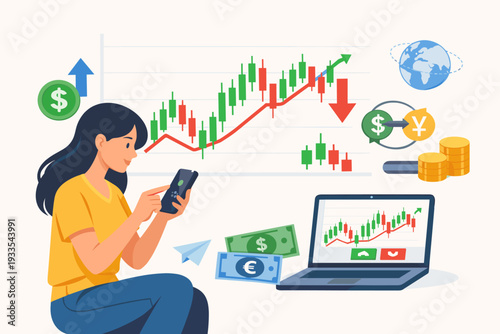 Woman Trading Online in Foreign Exchange Market Using Smartphone and Laptop; Flat Vector Illustration of Forex Trading, Stock Market Analysis, Currency Exchange, and Financial Investment.