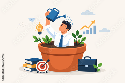 Businessman in a Flowerpot Watering Himself for Personal Growth and Professional Development. Concept of Self-Improvement, Career Success, Lifelong Learning, Skills Training, and Mindset Growth.