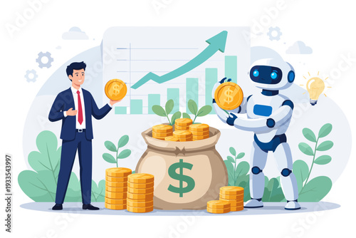 Businessman and Robot Partnering for Financial Growth and Investment Success with AI Technology, Automated Wealth Management, Profit Increase, and Business Collaboration Concept Illustration