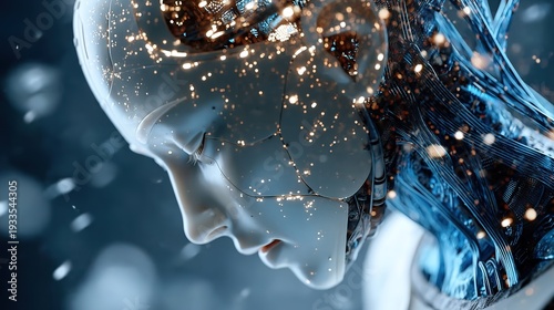3D render of AI humanoid head with circuitry and data flow, abstract particle background