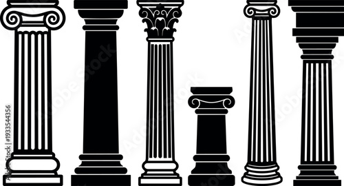 Flat design classical column set showing six ornate architectural pillars with varied capitals close up vector illustration in black white