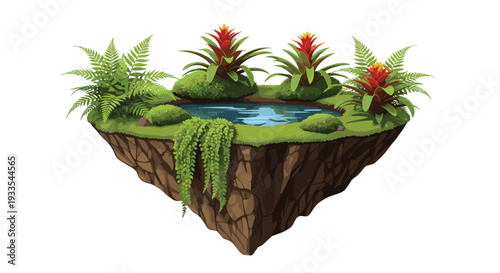 A whimsical pixel art floating island with a central pond, lush green ferns, and vibrant red bromeliads hovers against a clean white background.