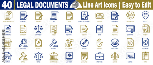Legal documents icons set in a blue and gold style for use in business and law-related graphic design vector illustrations.
