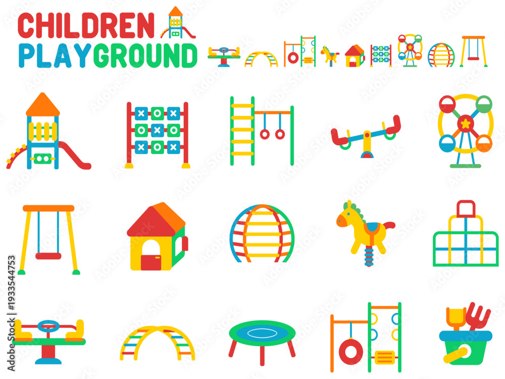 Fototapeta premium A collection of flat design icons featuring various playground equipment like slides, swings, ferris wheels, trampolines, seesaws, and sand buckets. Perfect for park and education themes.
