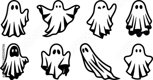 Cartoon vector sheet of eight playful ghost icons in varied poses with black outline isolated on white background halloween collection