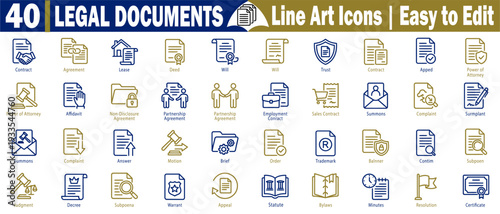 Legal document icons. Featuring blue and gold, depicting contracts, agreements, and various legal paperwork, vector illustration.