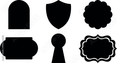 Flat design simple badge and emblem shapes including shield keyhole scalloped label and rounded plaque set on white vector silhouette