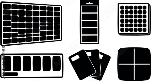 Flat design black solar panel icon set showing multiple module shapes battery pack and charge cards top view minimalist vector