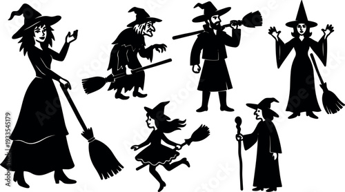 Silhouette vector witches in varied poses flying riding and sweeping with brooms halloween theme black and white playful spooky mood