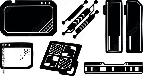 Flat design close up vector icons of computer memory modules ssd ram and circuit board components on white background silhouette