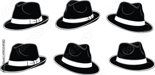 Set of six black fedora hats with white ribbon bands isolated on white background for vintage gangster fashion and detective vector illustr
