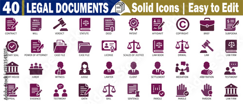Legal documents solid icons. Contracts and court proceedings in business and law, graphic design vector illustration.