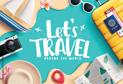 Let's Travel abstract background clipart. Let's Travel text clip art in blue sand abstract background with luggage bag, summer hat, location pin, map and camera traveler elements for international 