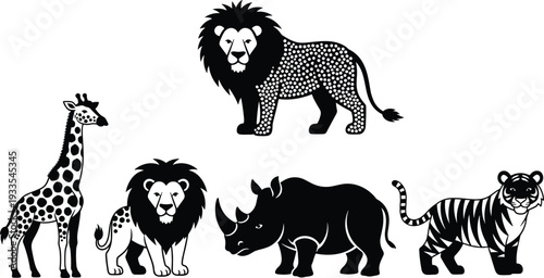 Set of stylized wild animal icons featuring a giraffe, rhinoceros, tiger, and lions with decorative spotted and striped patterns in black and white.