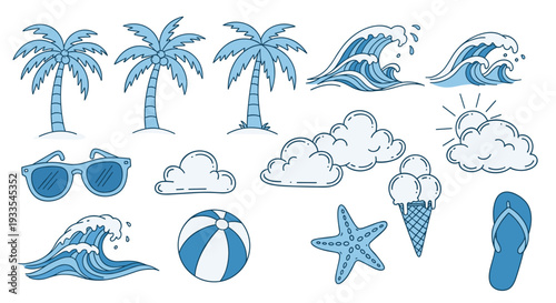 Collection of summer beach icons including palm trees waves and sun