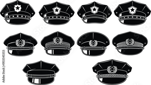 Set of ten black and white police officer hats with badges and stars isolated on white background for security and law enforcement design.