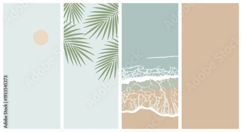 Minimalist abstract beach scene with ocean waves and sandy shore