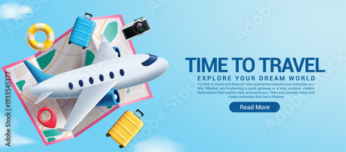 Time to Travel clipart banner template design. Time to Travel text and message clip art with location map, airplane and luggage bag travelling elements in blue background for international journey 