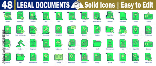 Legal documents, solid color icons. Including law, business, and finance, use easy-to-edit and scale graphic design vector illustrations.