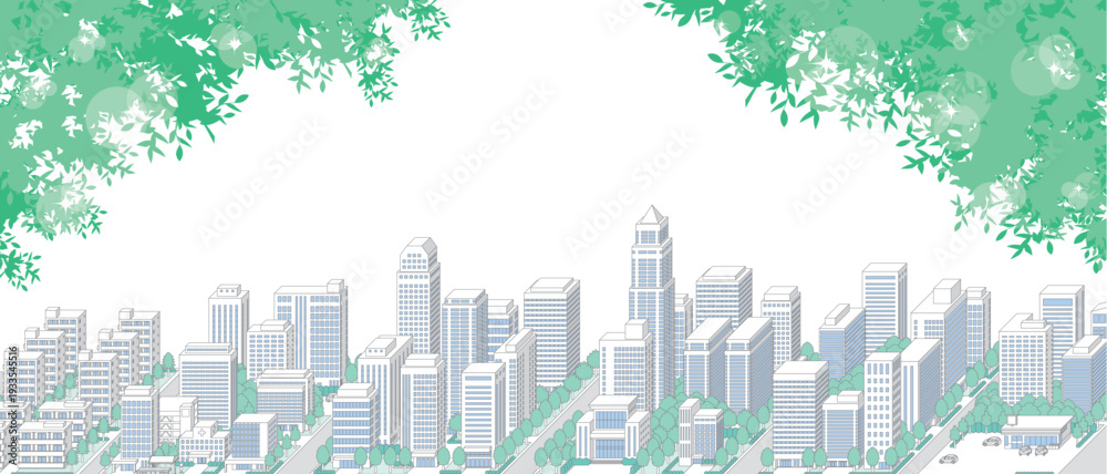 Fototapeta premium 緑豊かな爽やかな街並みのイラスト.