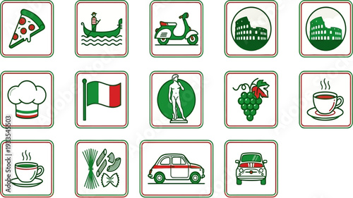 
Gemini said
A collection of 14 Italian-themed icons featuring pizza, the Colosseum, a gondola, pasta, and the national flag, all styled in green, white, and red