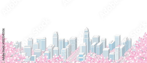 桜が咲く春の街並みのイラスト.