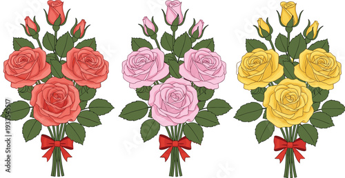Set of Three Beautiful Rose Bouquets in Red Pink and Yellow Colors with Green Leaves and Red Ribbons Isolated on a White Background