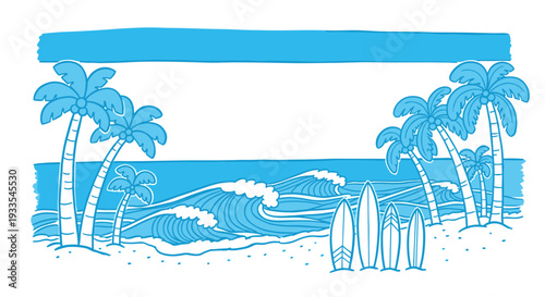 Beach scene with palm trees and surfboards on sandy shore