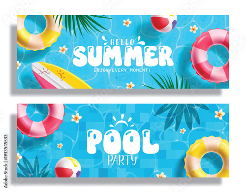 Hello Summer and Pool party clipart banner set design. Hello Summer greeting and Pool Party text clip art in swimming pool background with blue water and colorful tropical elements for Summer 