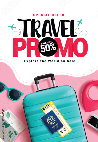 Travel Promo Sale clipart poster design. Travel Promo special offer booking discount clip art for international flight advertising with traveler elements in white and pink abstract background vector 