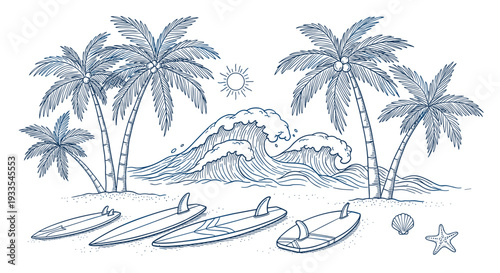 Line drawing of tropical island with palm trees and surfboards