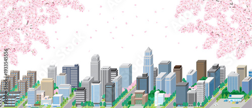 桜が咲く春の街並みのイラスト.