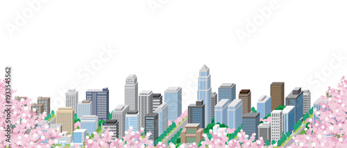 桜が咲く春の街並みのイラスト.