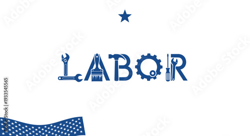 Labor themed graphic design with tools and symbols on blue background