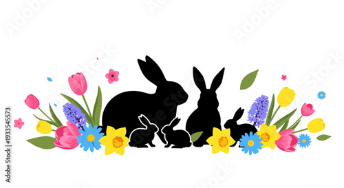 Silhouette of two rabbits surrounded by colorful spring flowers