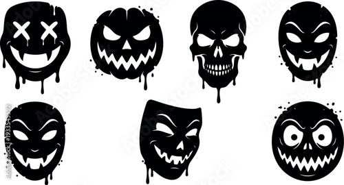 Tattoo flash dripping skull and pumpkin mask set with eight spooky faces black vector silhouettes close up contrast high detail