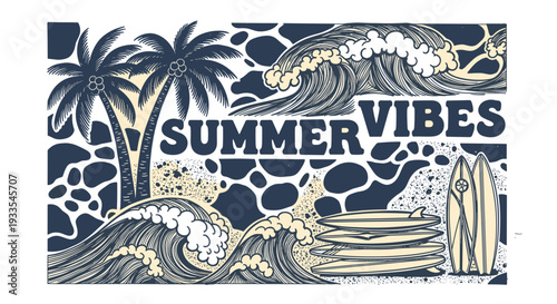 Summer vibes illustration with palm trees waves and sunset scene