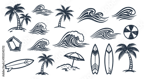 Collection of handdrawn tropical and beachthemed illustrations