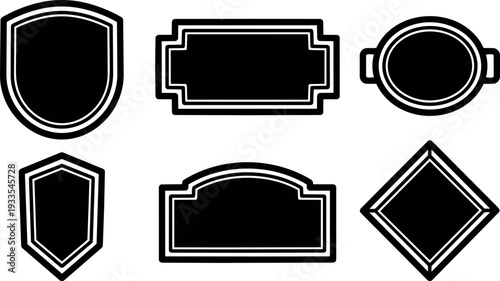 Flat design vintage label and shield badge set six black blank ornamental frames for branding emblems close up vector collection