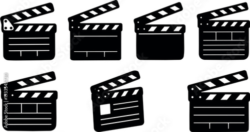 Flat design film clapperboard icon set seven silhouettes front view close up studio production black and white minimalist vector art