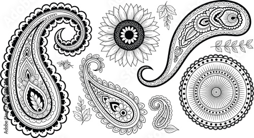 Intricate black and white paisley and floral silhouette set featuring hand drawn sunflower ornaments and circular decorative elements isolated on white background for design.