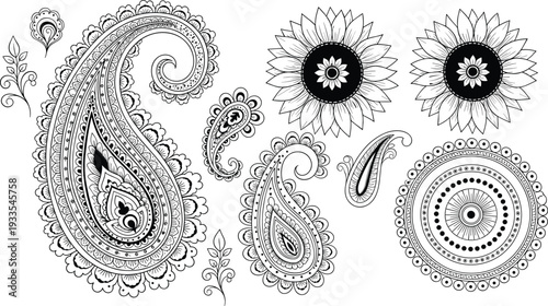 Intricate black and white paisley and floral silhouette set featuring hand drawn sunflower ornaments and circular decorative elements isolated on white background for design.