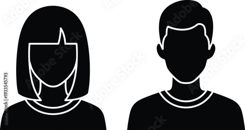 Set of two black vector user avatars featuring faceless male and female character portraits isolated on white background for web application interface design