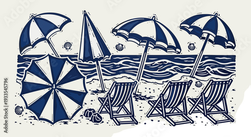 Beach scene with umbrellas chairs and ocean waves on a sunny day