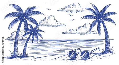 Relaxing beach scene with palm trees and sunglasses on sandy shore