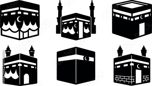 Flat design kaaba icon set showing six different angles of the kaaba with bold silhouette simple monochrome vector style